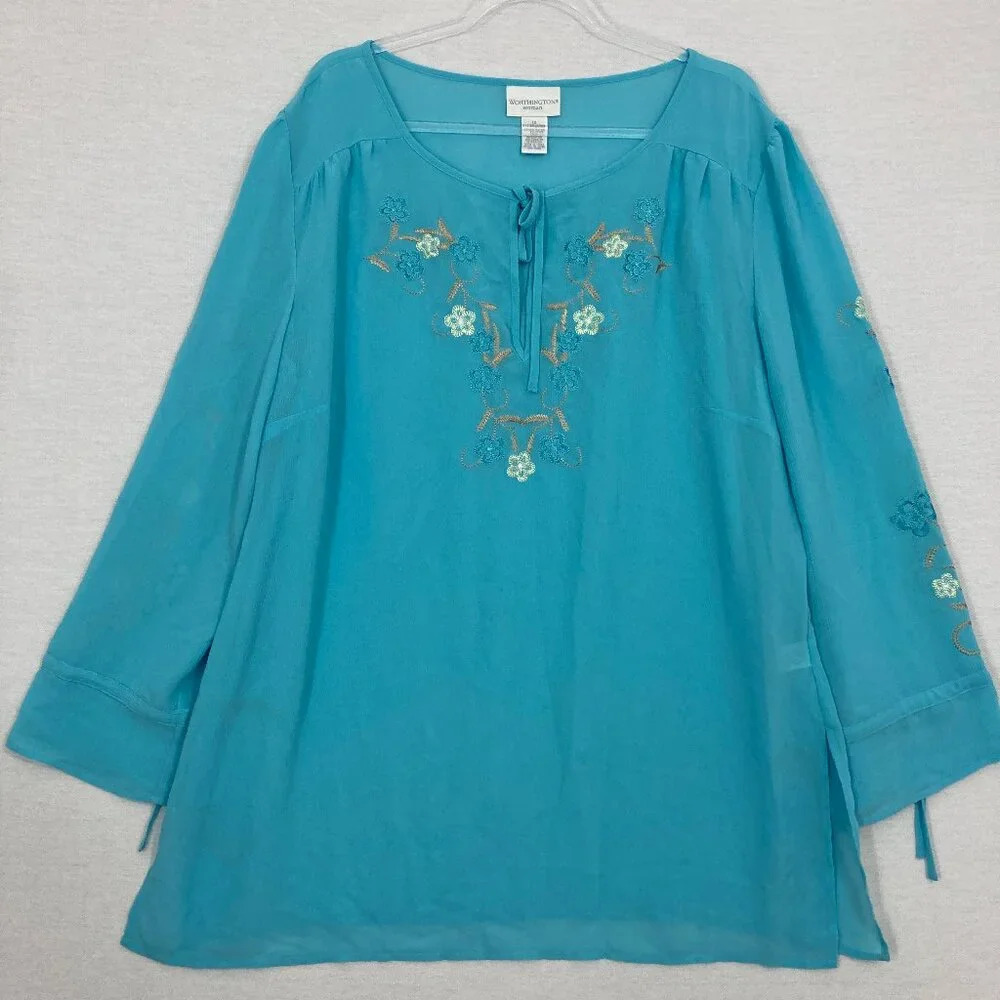 Vintage Worthington Turquoise Floral Embroidered Tie Front‎ Semi Sheer Blouse 1X